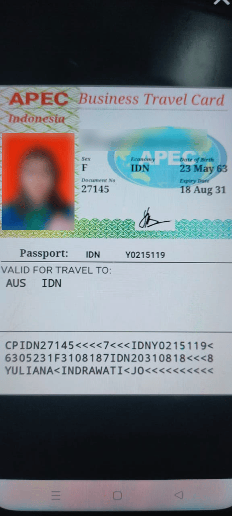 APEC Business Travel Card Indonesia wajah dan nama diburamkan