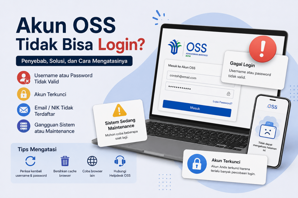 Akun OSS tidak bisa login karena username atau password tidak valid serta gangguan sistem OSS