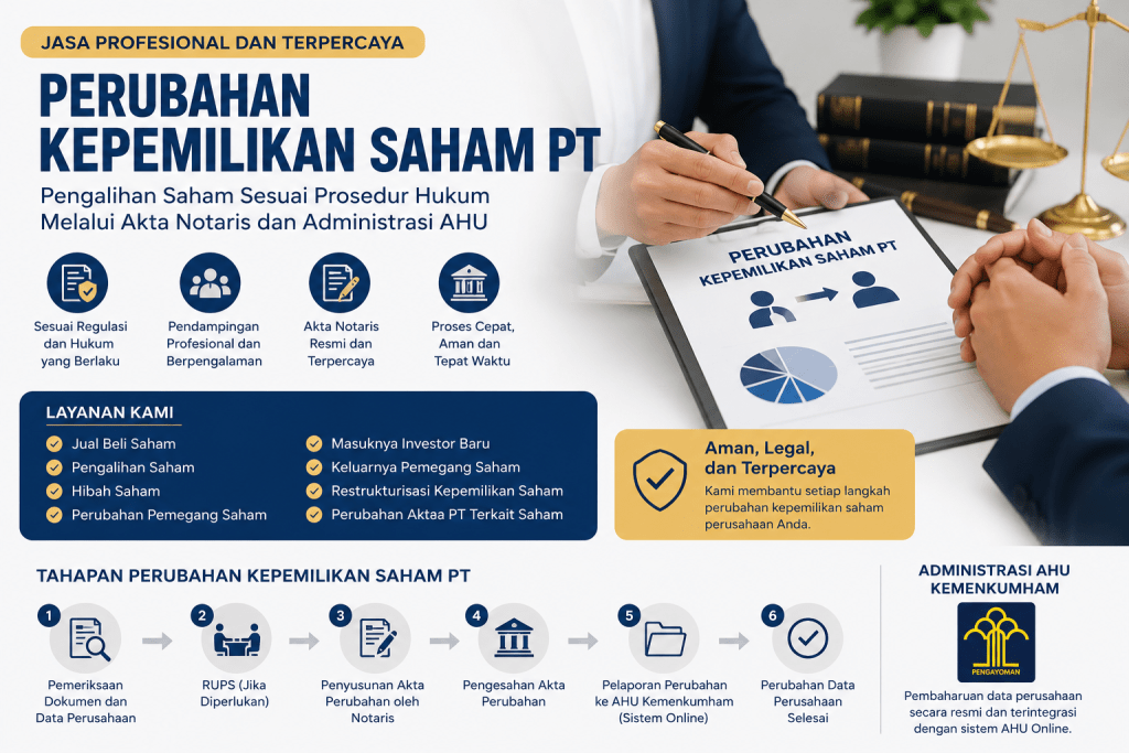 Jasa perubahan kepemilikan saham PT melalui akta notaris dan administrasi AHU.