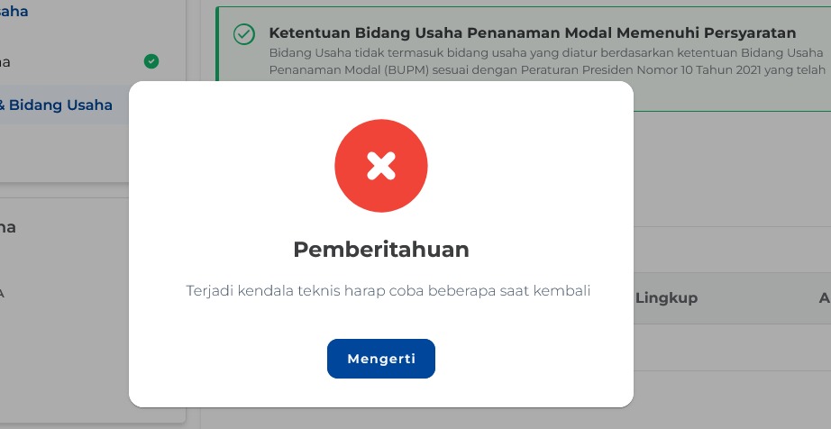 bisanya kendala umum NIB oss adalah karena server jaraingan error